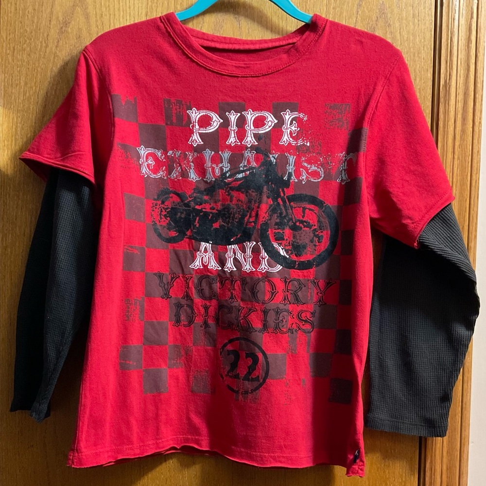 Dickies Red Kids Boys Graphic Long Sleeve Distressed Shirt. Layered Look